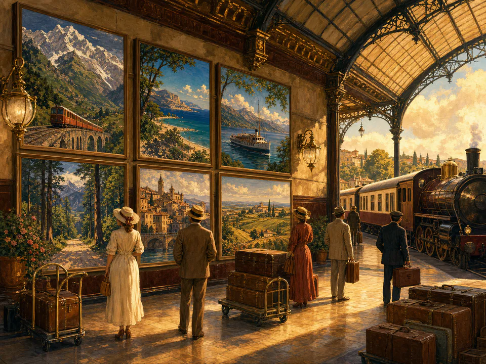 Golden Travel Posters, an illustrated nostalgic transport jigsaw puzzle scene