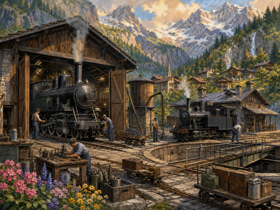Golden Engine Shed, an illustrated nostalgic transport jigsaw puzzle scene