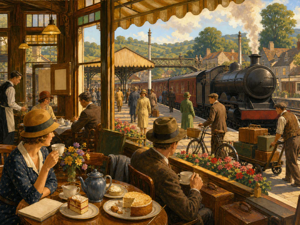 Golden Station Café, an illustrated nostalgic transport jigsaw puzzle scene