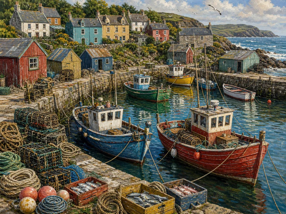 Saltwater Fishing Harbor, an illustrated seaside scenes jigsaw puzzle scene