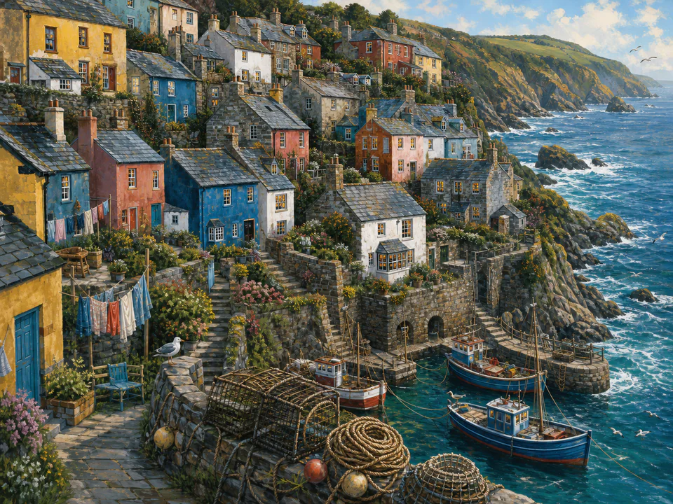 Saltwater Clifftop Village, an illustrated seaside scenes jigsaw puzzle scene
