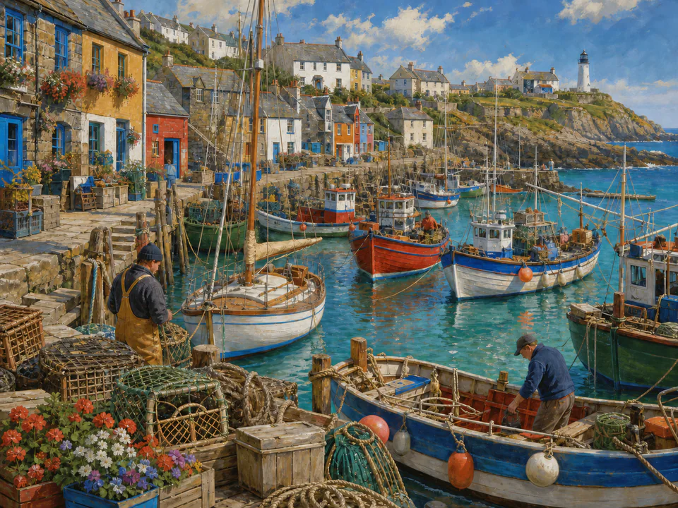 Saltwater Island Marina, an illustrated seaside scenes jigsaw puzzle scene