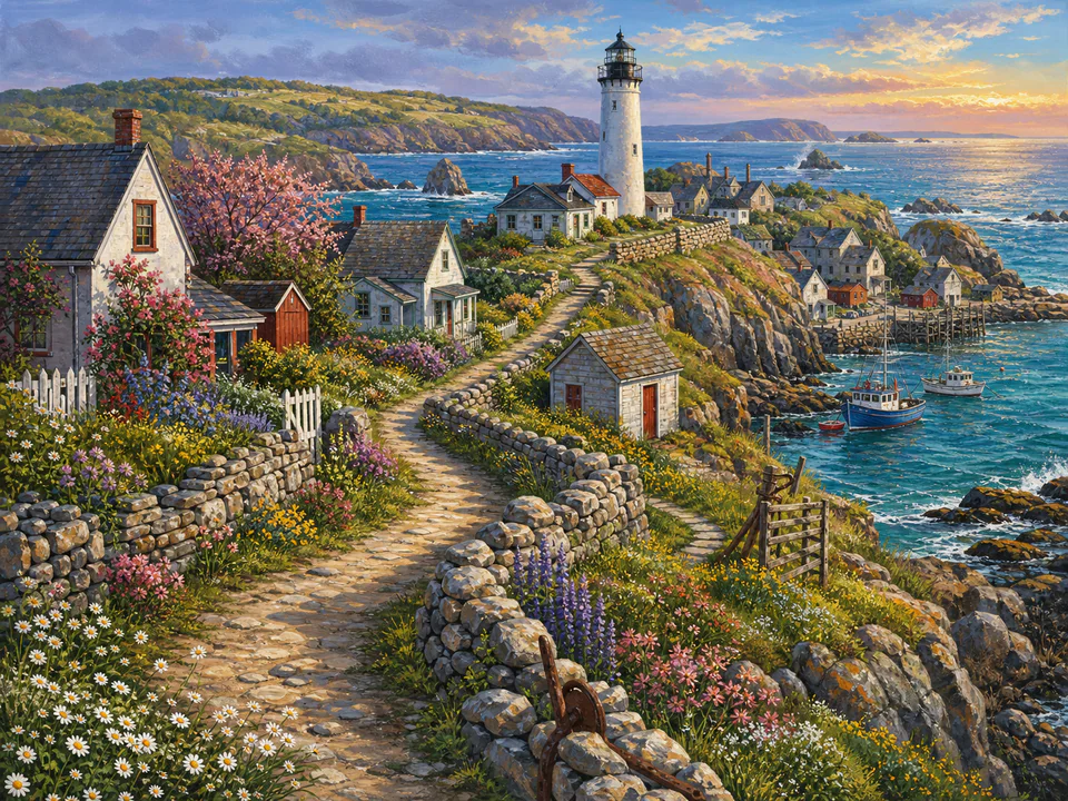 Saltwater Lighthouse Path, an illustrated seaside scenes jigsaw puzzle scene