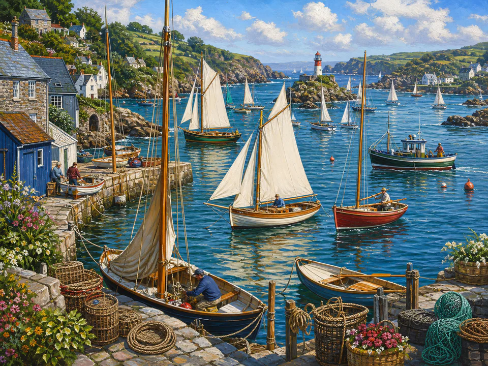 Saltwater Sailing Bay, an illustrated seaside scenes jigsaw puzzle scene