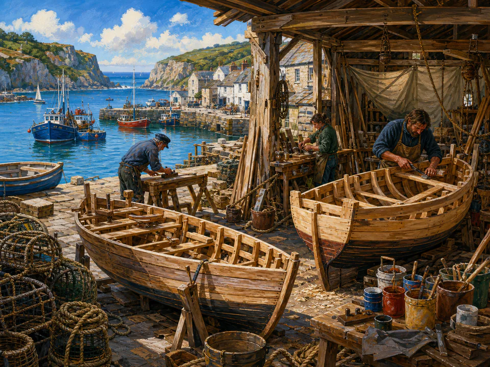 Saltwater Boat Workshop, an illustrated seaside scenes jigsaw puzzle scene