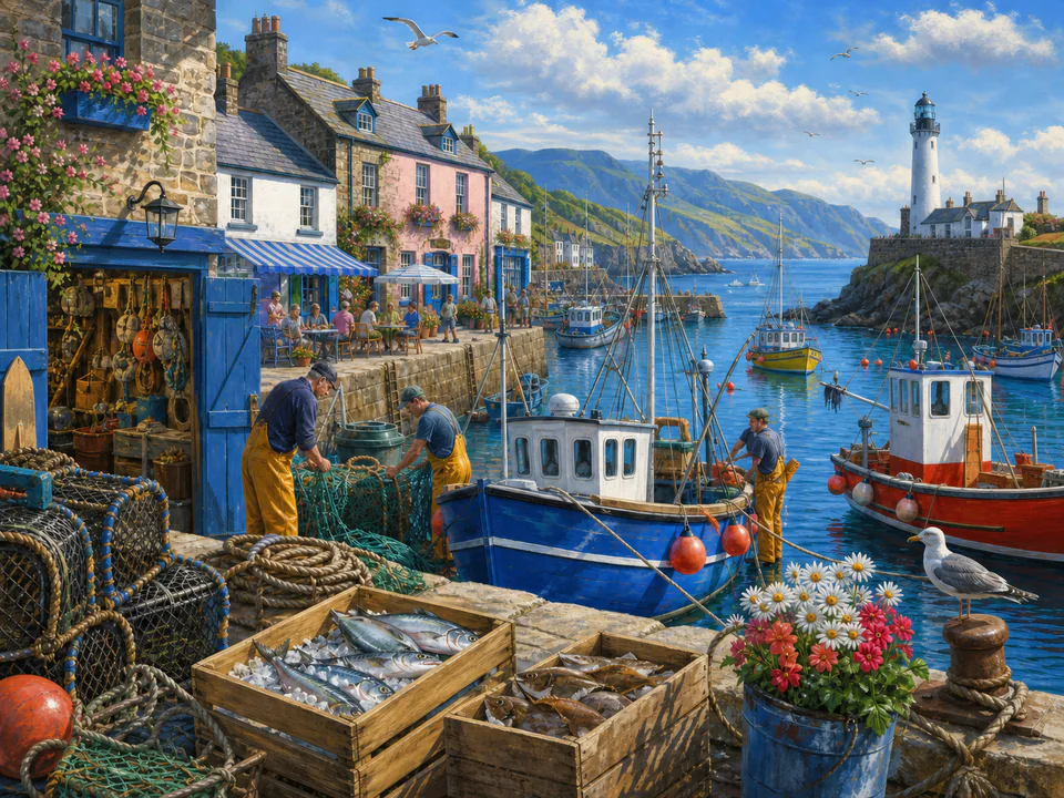 Sunny Fishing Harbor, an illustrated seaside scenes jigsaw puzzle scene