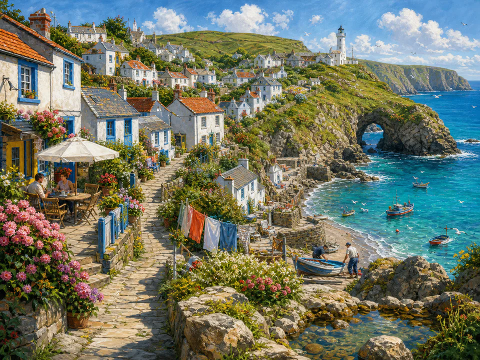 Sunny Clifftop Village, an illustrated seaside scenes jigsaw puzzle scene
