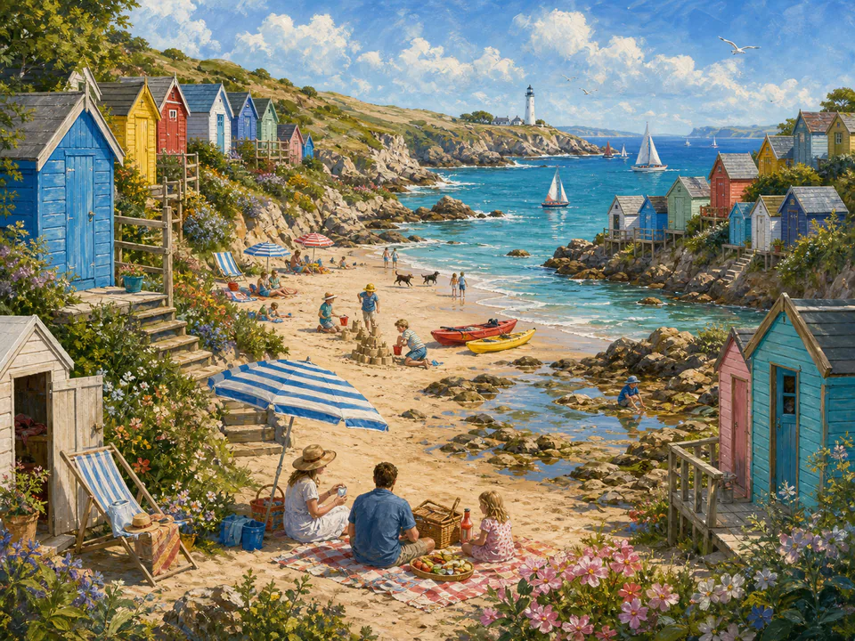 Sunny Beach Huts, an illustrated seaside scenes jigsaw puzzle scene