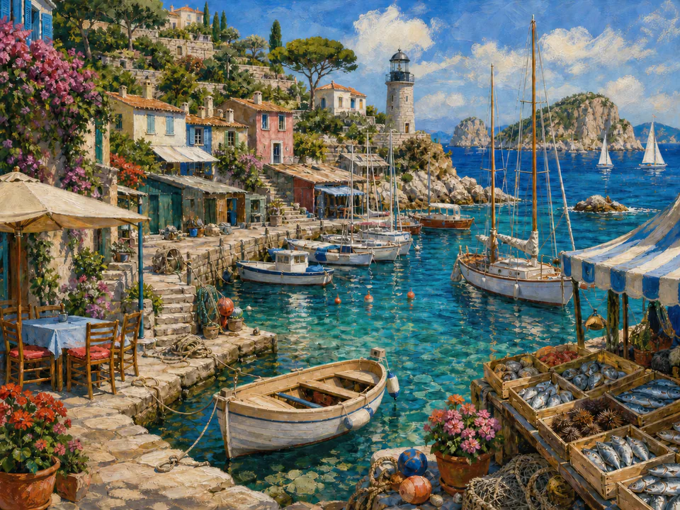 Sunny Island Marina, an illustrated seaside scenes jigsaw puzzle scene