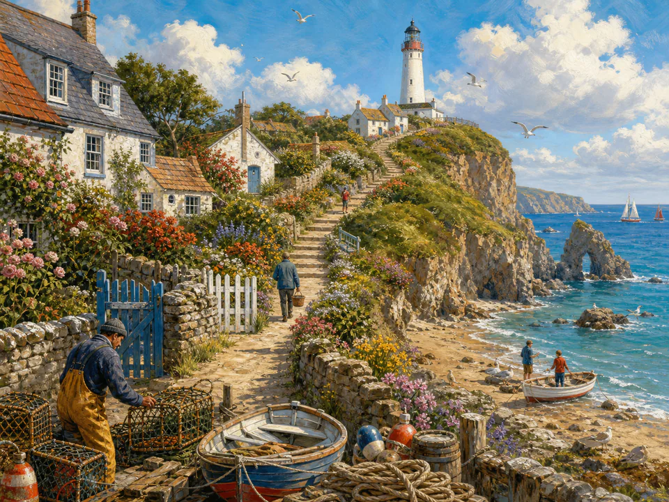 Sunny Lighthouse Path, an illustrated seaside scenes jigsaw puzzle scene