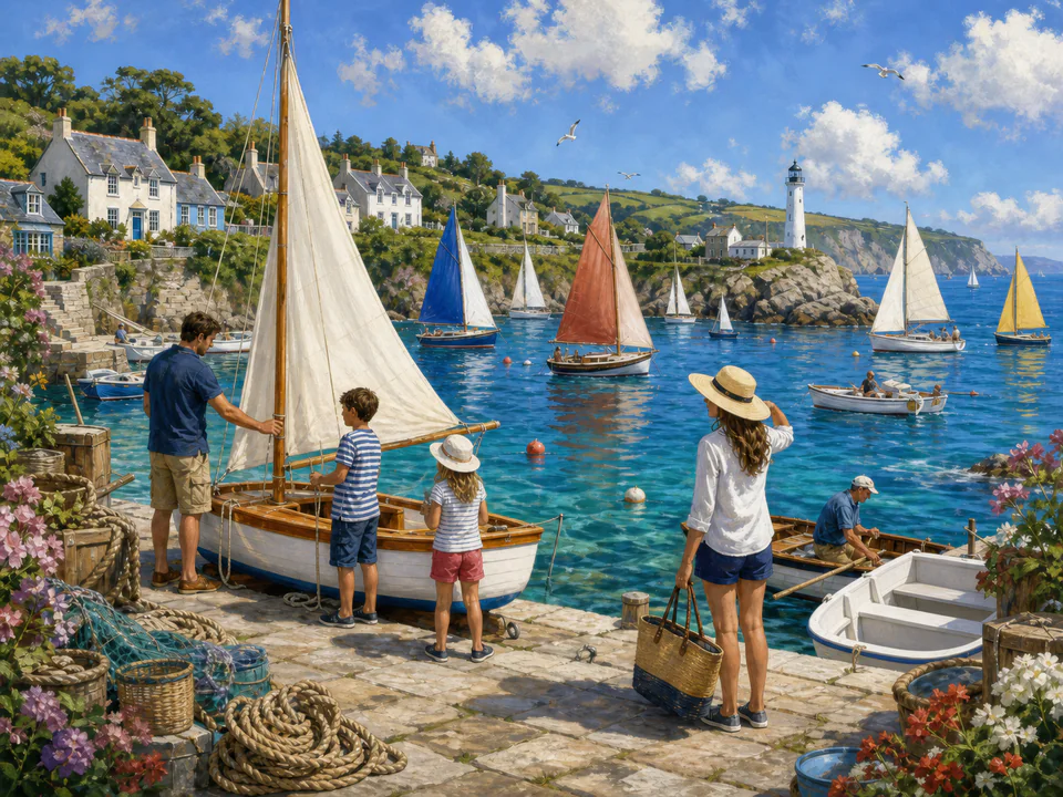 Sunny Sailing Bay, an illustrated seaside scenes jigsaw puzzle scene