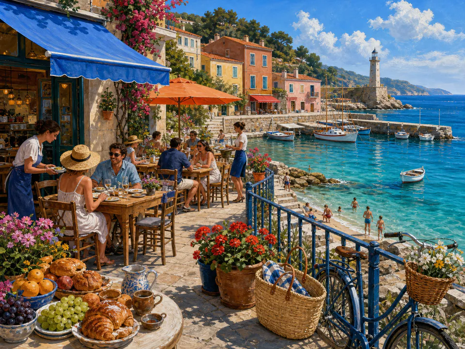 Sunny Seafront Café, an illustrated seaside scenes jigsaw puzzle scene