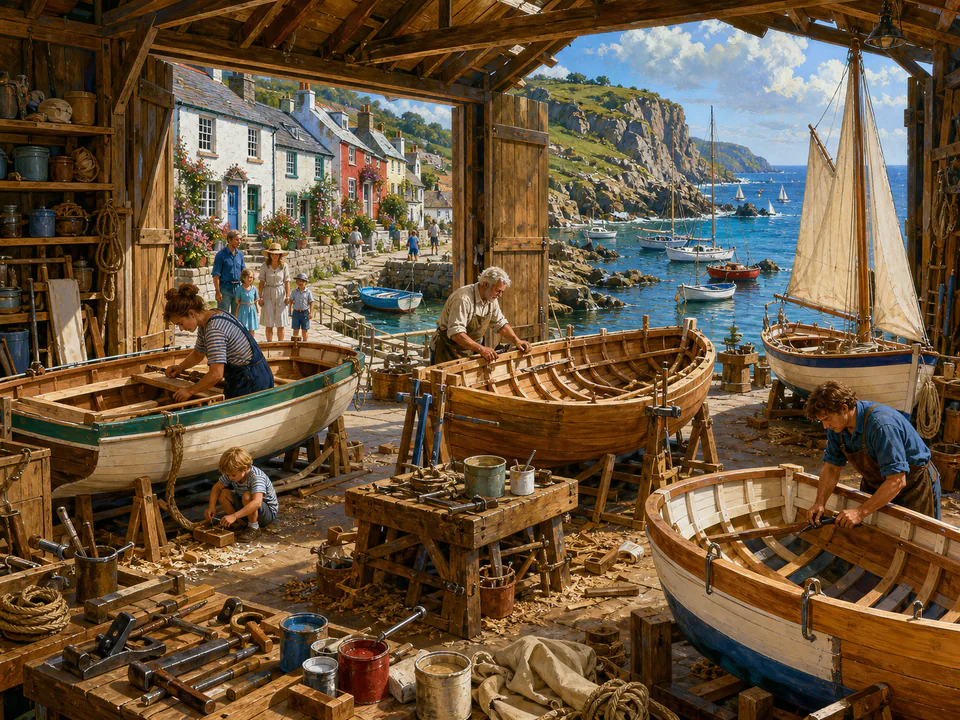 Sunny Boat Workshop, an illustrated seaside scenes jigsaw puzzle scene