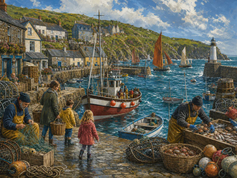 Windy Fishing Harbor, an illustrated seaside scenes jigsaw puzzle scene