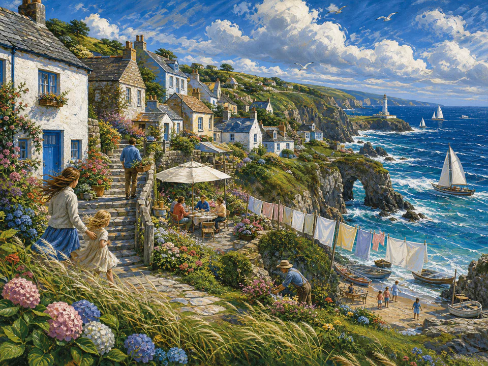 Windy Clifftop Village, an illustrated seaside scenes jigsaw puzzle scene