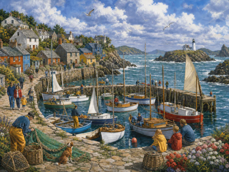 Windy Island Marina, an illustrated seaside scenes jigsaw puzzle scene