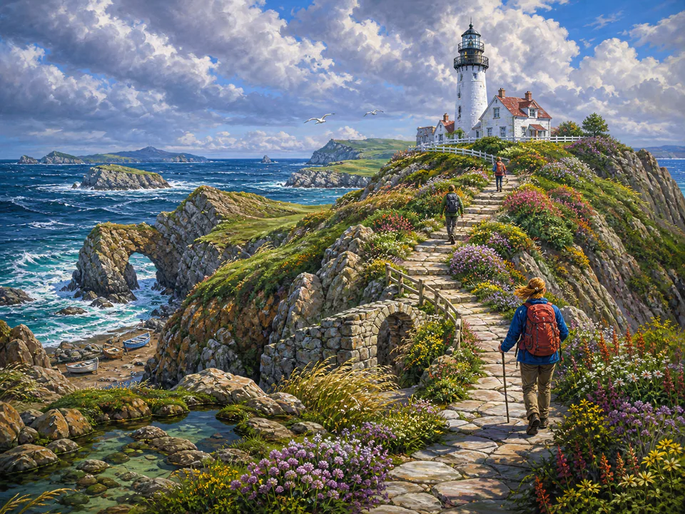 Windy Lighthouse Path, an illustrated seaside scenes jigsaw puzzle scene