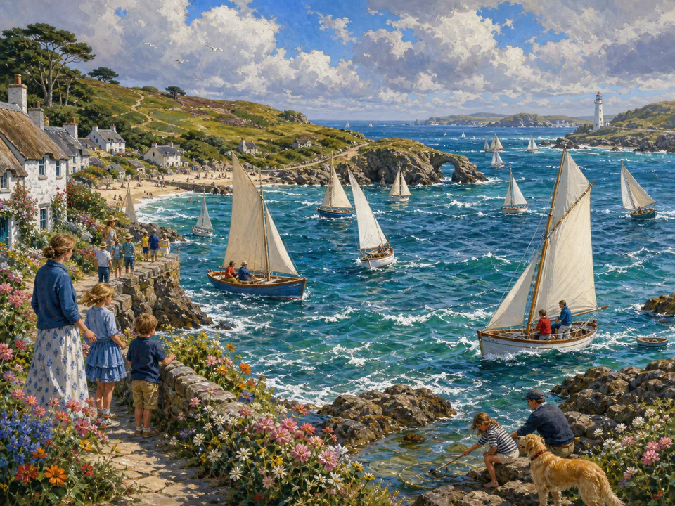 Windy Sailing Bay, an illustrated seaside scenes jigsaw puzzle scene