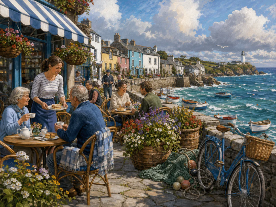 Windy Seafront Café, an illustrated seaside scenes jigsaw puzzle scene