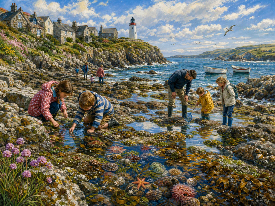 Windy Rock Pool, an illustrated seaside scenes jigsaw puzzle scene