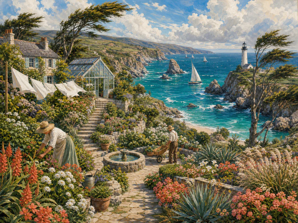 Windy Coastal Gardens, an illustrated seaside scenes jigsaw puzzle scene