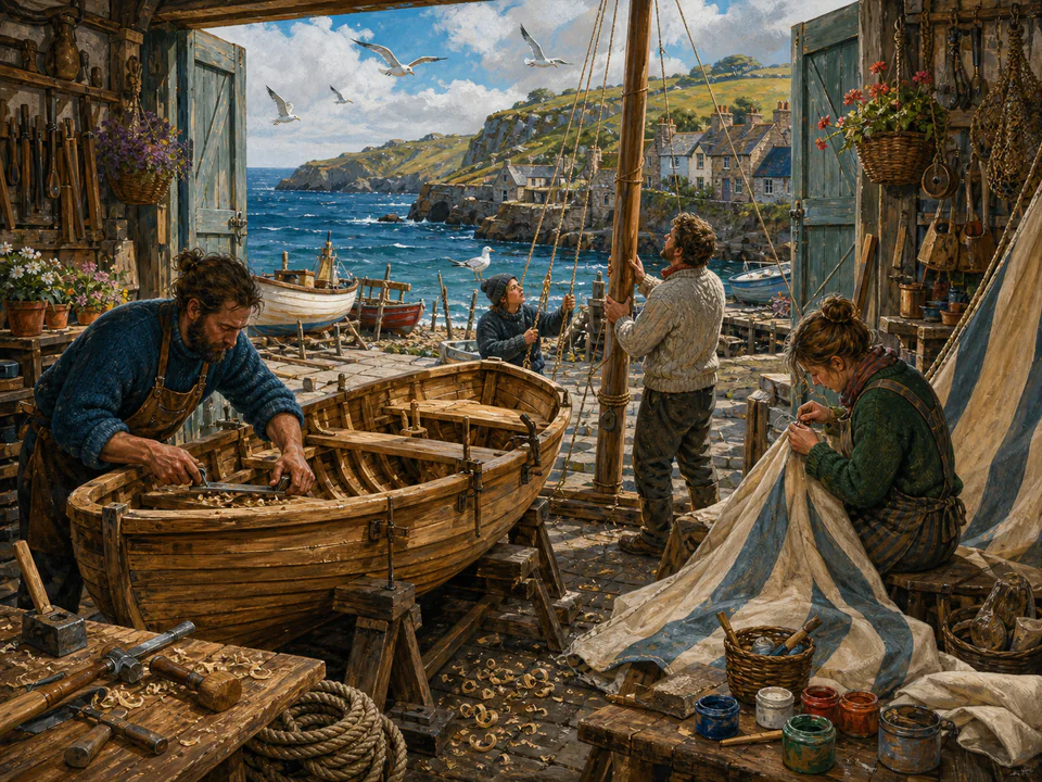 Windy Boat Workshop, an illustrated seaside scenes jigsaw puzzle scene