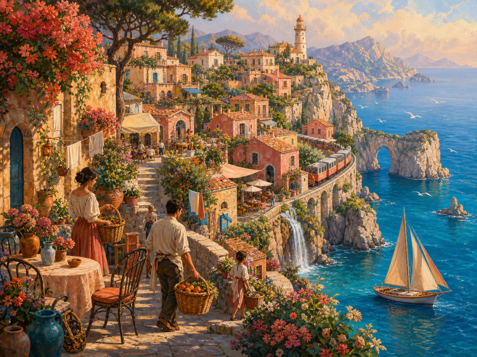 Coral Clifftop Village, an illustrated seaside scenes jigsaw puzzle scene