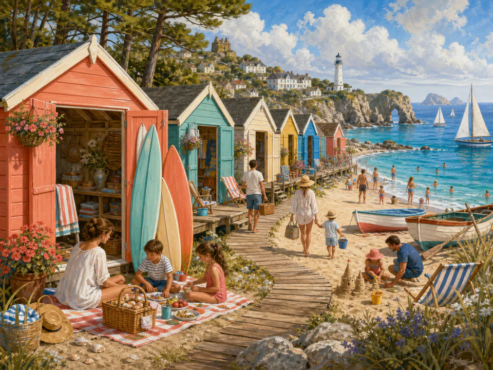 Coral Beach Huts, an illustrated seaside scenes jigsaw puzzle scene
