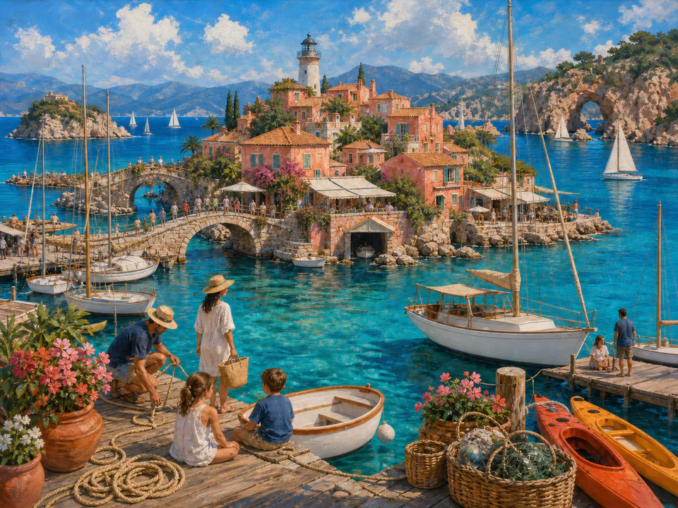 Coral Island Marina, an illustrated seaside scenes jigsaw puzzle scene