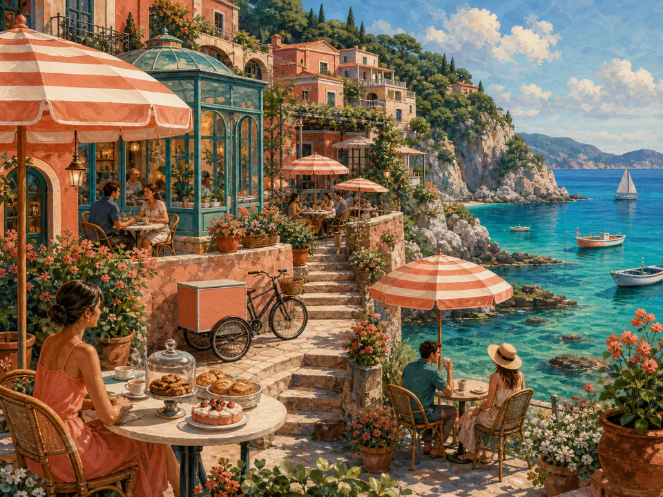 Coral Seafront Café, an illustrated seaside scenes jigsaw puzzle scene