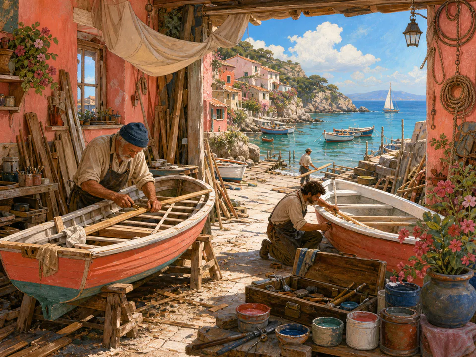 Coral Boat Workshop, an illustrated seaside scenes jigsaw puzzle scene