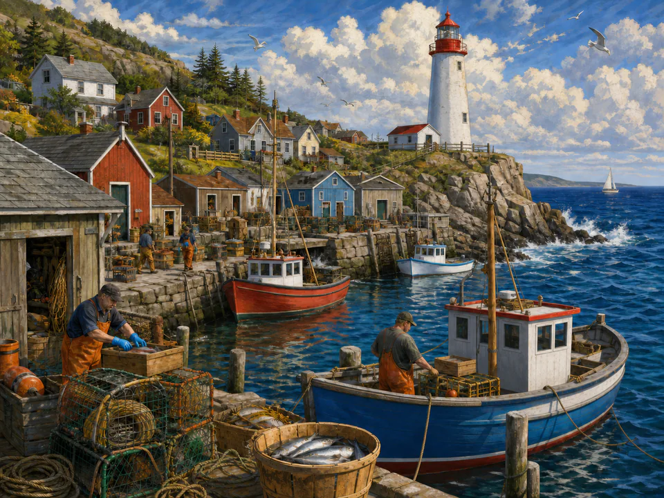 Lighthouse Fishing Harbor, an illustrated seaside scenes jigsaw puzzle scene