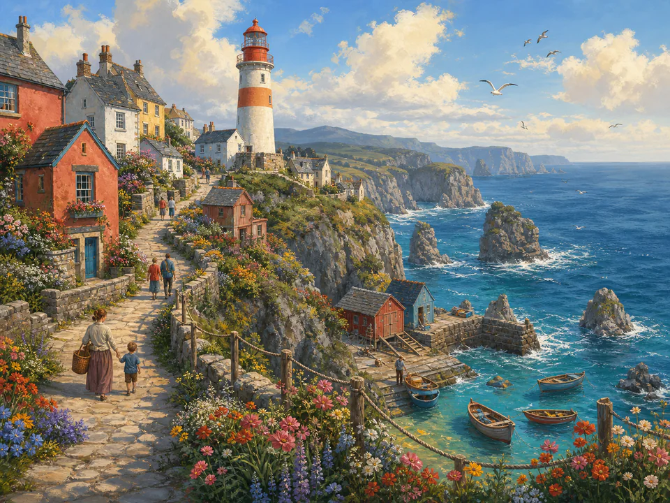 Lighthouse Clifftop Village, an illustrated seaside scenes jigsaw puzzle scene