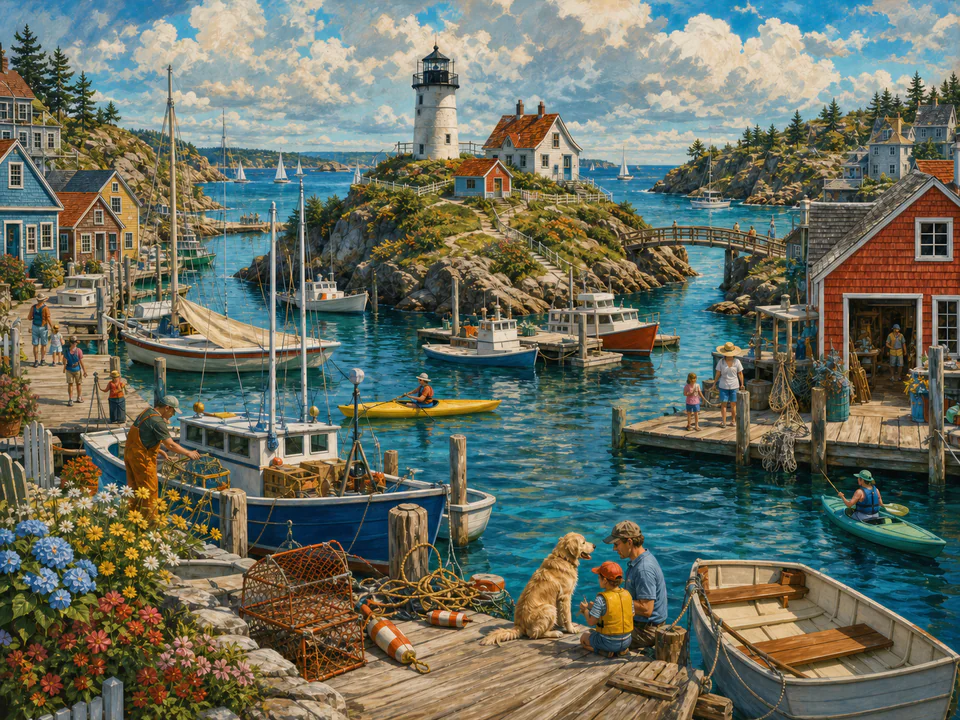 Lighthouse Island Marina, an illustrated seaside scenes jigsaw puzzle scene