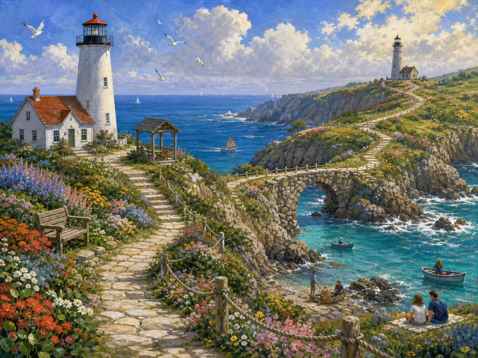 Lighthouse Lighthouse Path, an illustrated seaside scenes jigsaw puzzle scene
