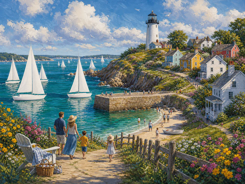 Lighthouse Sailing Bay, an illustrated seaside scenes jigsaw puzzle scene