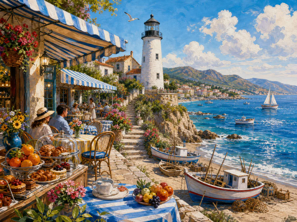 Lighthouse Seafront Café, an illustrated seaside scenes jigsaw puzzle scene