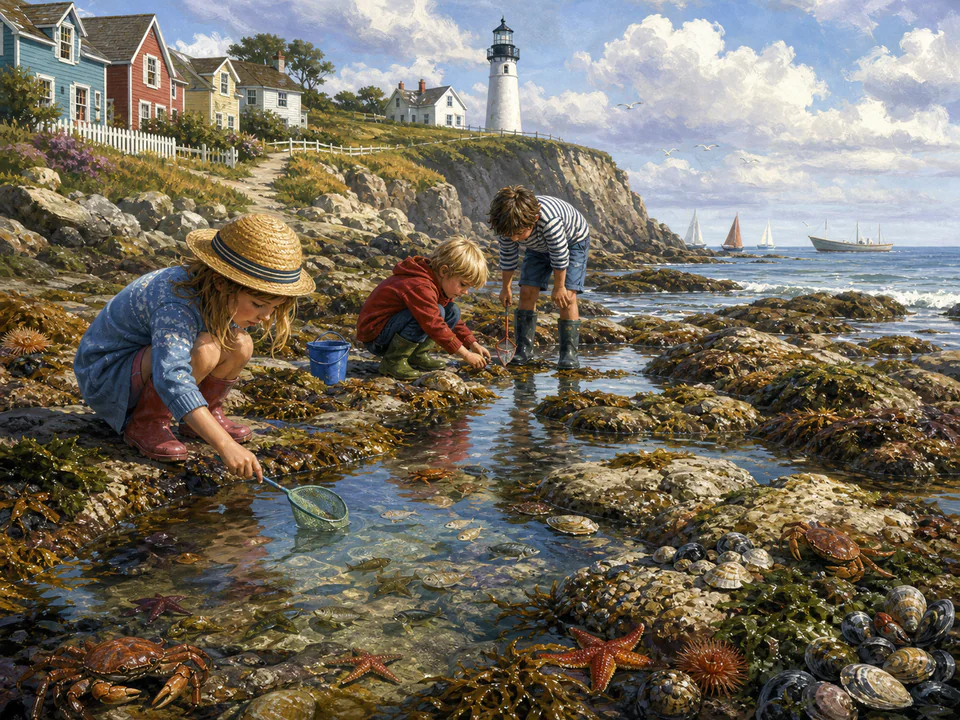 Lighthouse Rock Pool, an illustrated seaside scenes jigsaw puzzle scene