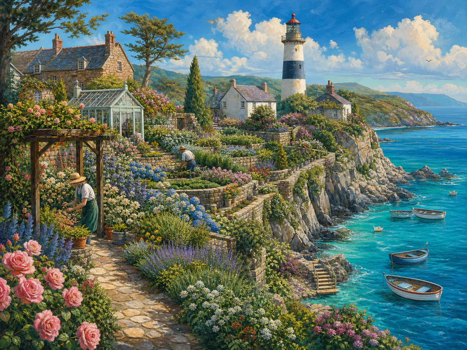 Lighthouse Coastal Gardens, an illustrated seaside scenes jigsaw puzzle scene