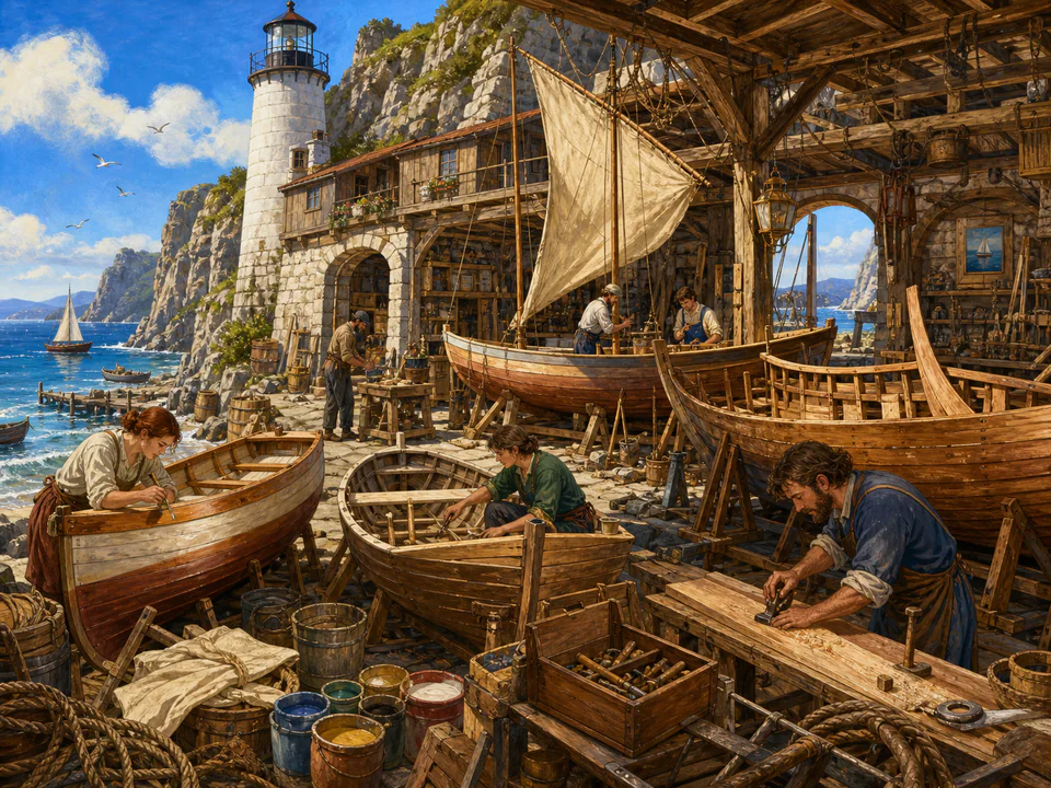 Lighthouse Boat Workshop, an illustrated seaside scenes jigsaw puzzle scene