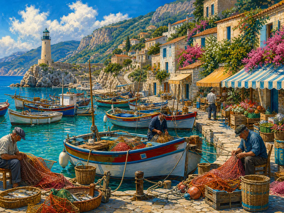 Turquoise Fishing Harbor, an illustrated seaside scenes jigsaw puzzle scene