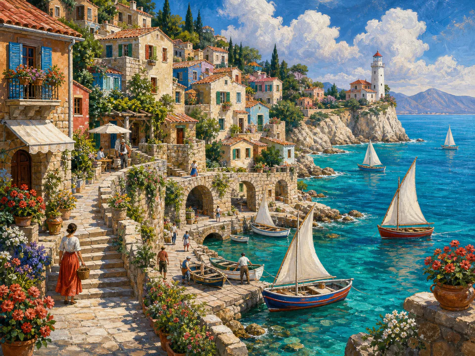 Turquoise Clifftop Village, an illustrated seaside scenes jigsaw puzzle scene