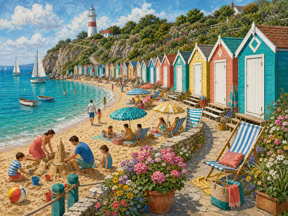 Turquoise Beach Huts, an illustrated seaside scenes jigsaw puzzle scene