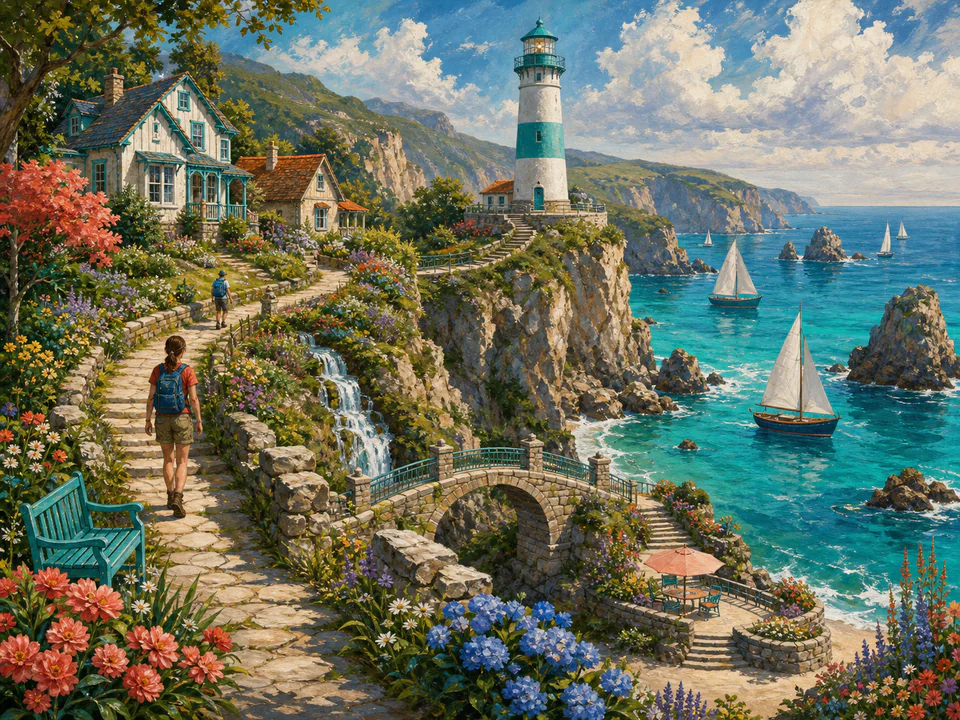 Turquoise Lighthouse Path, an illustrated seaside scenes jigsaw puzzle scene