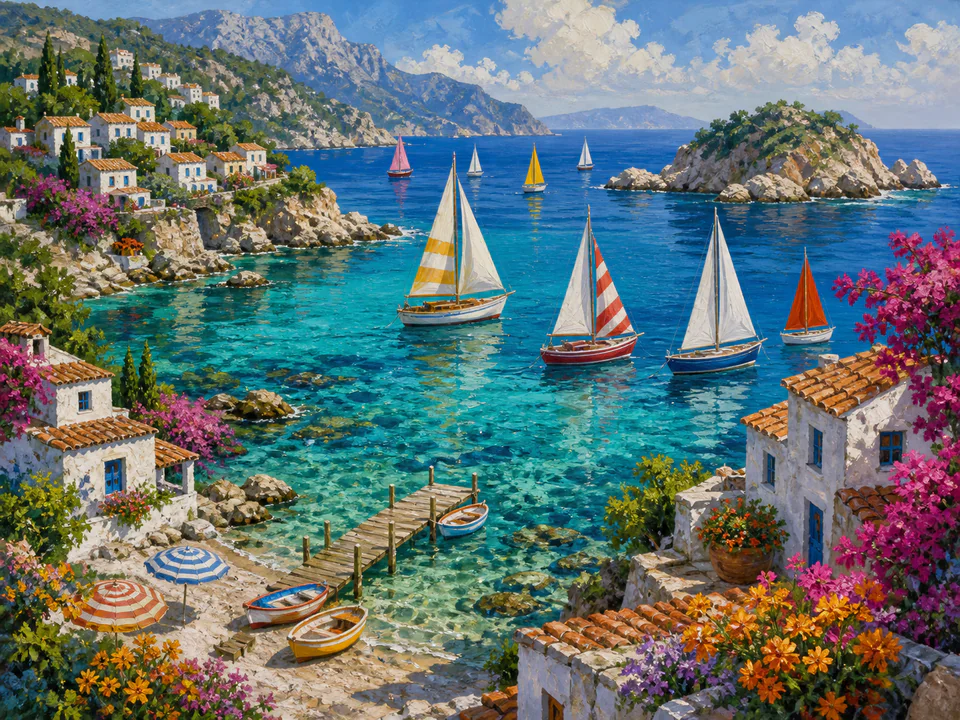 Turquoise Sailing Bay, an illustrated seaside scenes jigsaw puzzle scene