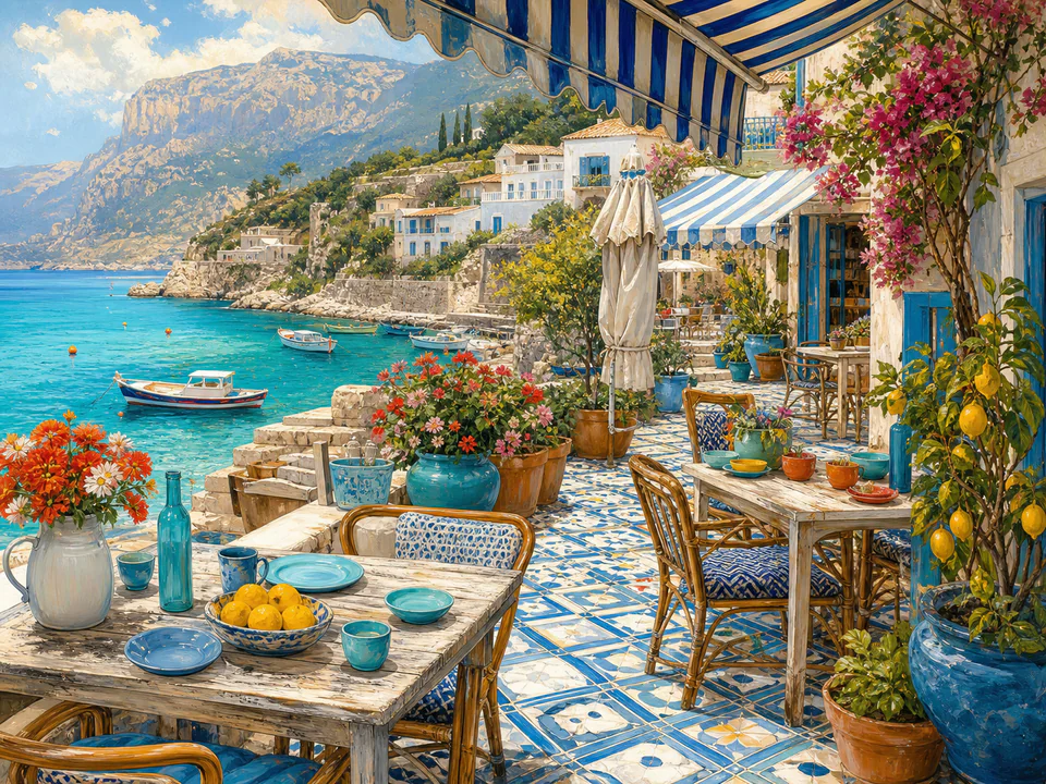 Turquoise Seafront Café, an illustrated seaside scenes jigsaw puzzle scene