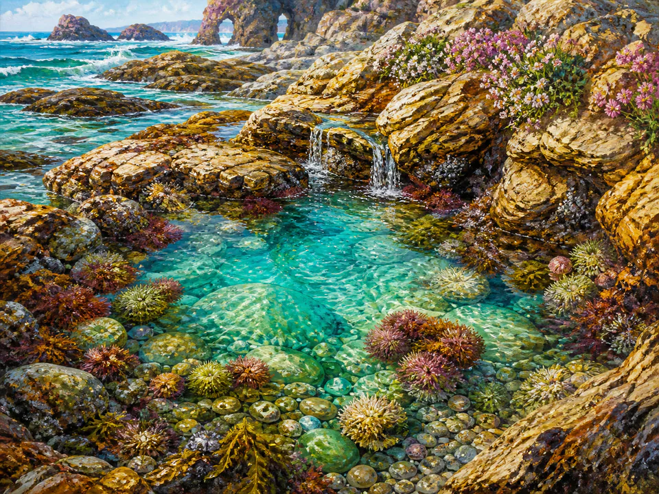 Turquoise Rock Pool, an illustrated seaside scenes jigsaw puzzle scene