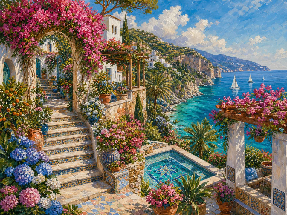 Turquoise Coastal Gardens, an illustrated seaside scenes jigsaw puzzle scene