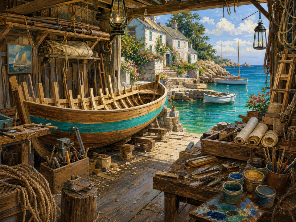 Turquoise Boat Workshop, an illustrated seaside scenes jigsaw puzzle scene
