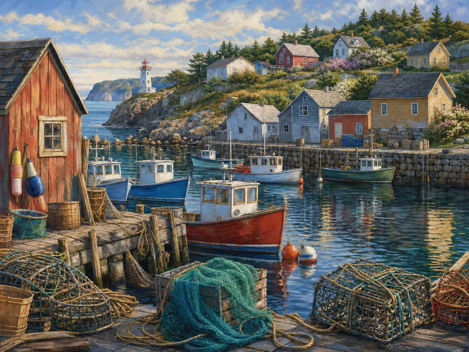 Morning Fishing Harbor, an illustrated seaside scenes jigsaw puzzle scene